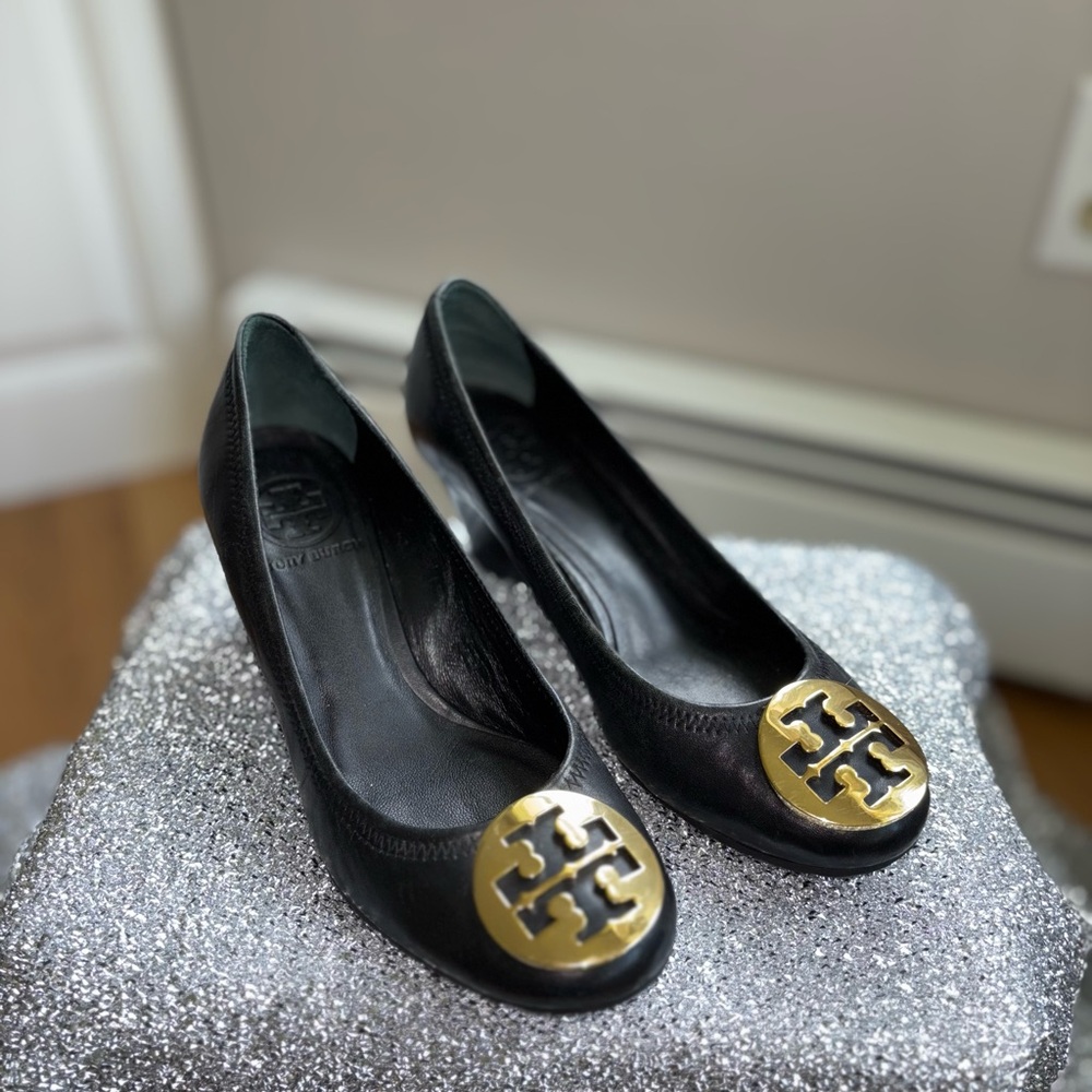 Tory Burch Black and Gold Flats with Medallion